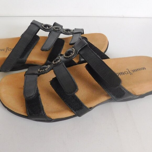 Minnetonka Leather Sandals Black Slip-On 3 Straps Women's Size 6 Adjustable - Picture 4 of 8